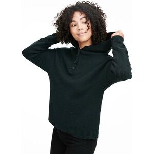 NAADAM • Cable Knit Sleeve Henley Hoodie in Pine Green wool cashmere sweater